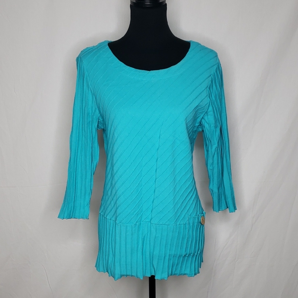 Ali Miles 100% Cotton Textured Tunic Blouse Size L Teal Coastal Mature Pocket